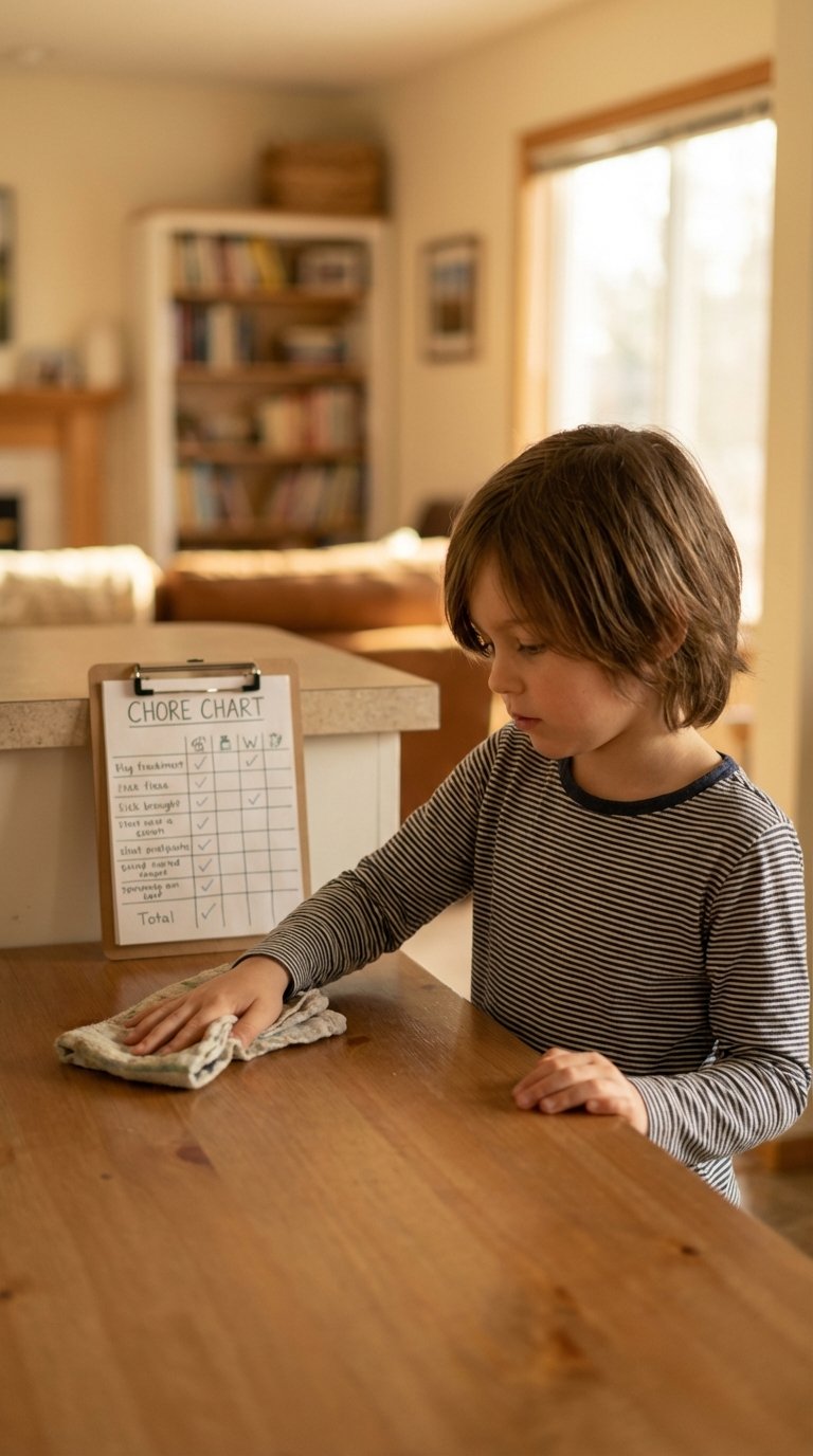 Kids happily involved in family chore system for kids