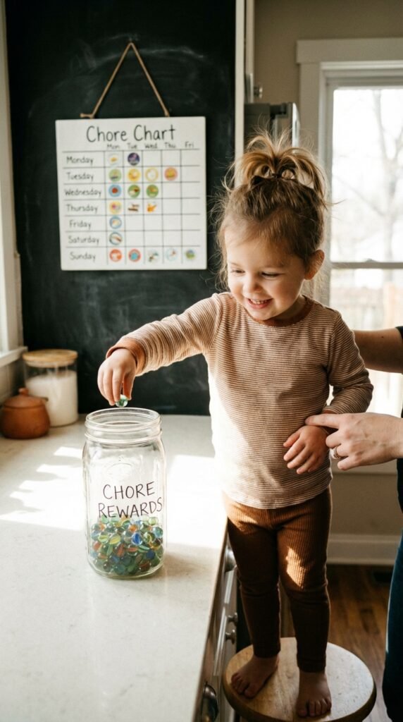 Child adding marble to a reward jar