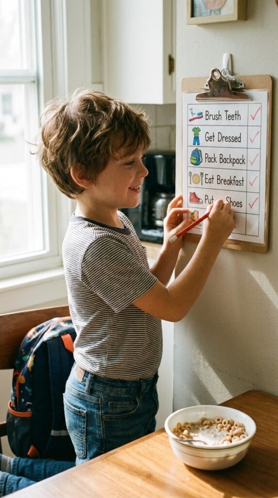 Child marking a morning routine checklist