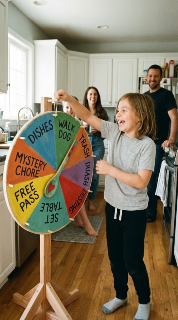 Child using a chore wheel for task assignment