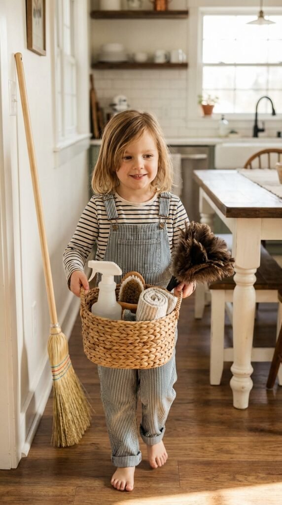 Child holding a personalized task basket