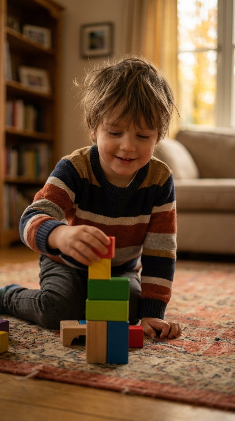A child doing A child doing A child doing A child doing A child doing Parent and 3-year-old playing with toy bricks together indoors, at home with a calm, focus