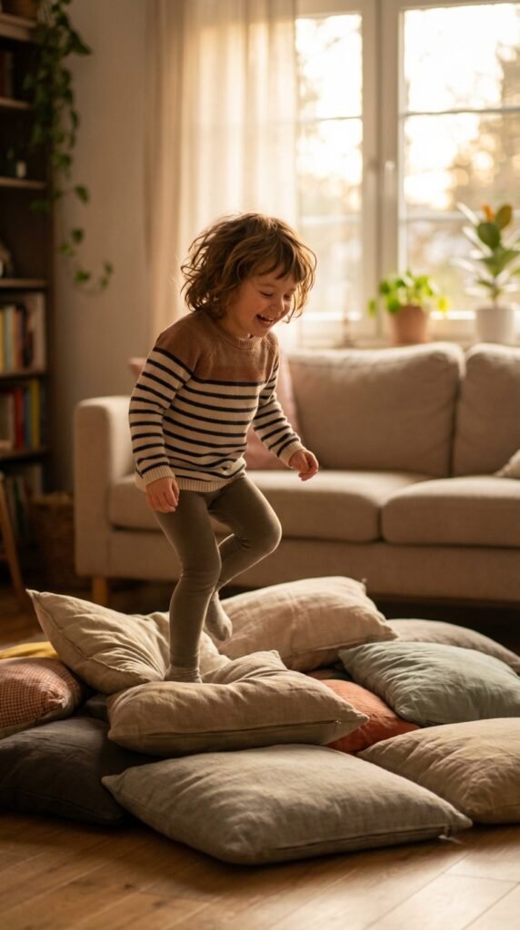 A child doing A child doing A child doing A child doing A child doing A child jumping on pillows indoors, at home with a calm, focused expression, for easy indo