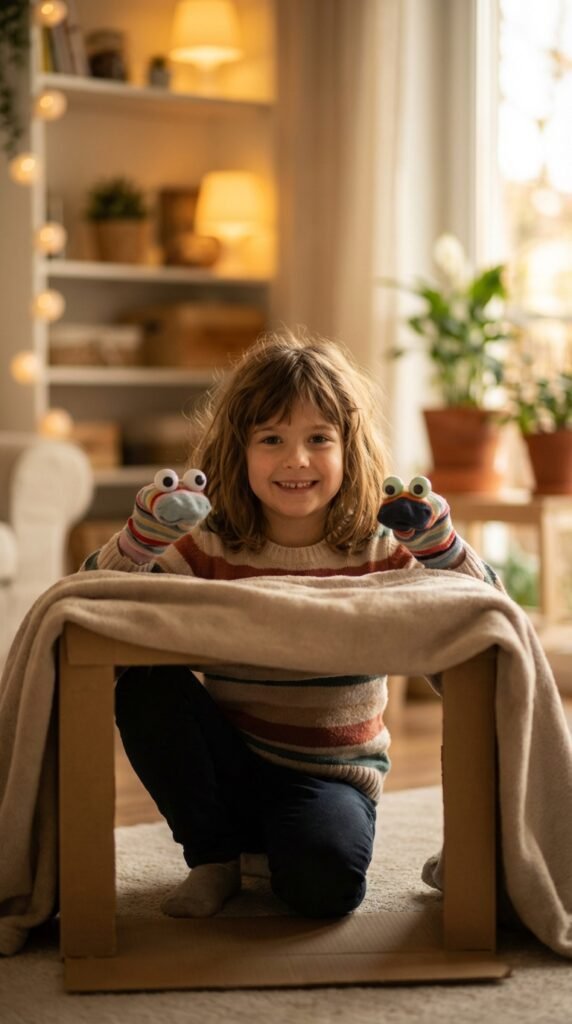 A child doing A child doing A child doing A child doing A child doing A child playing with sock puppets, at home with a calm, focused expression, for easy indoo