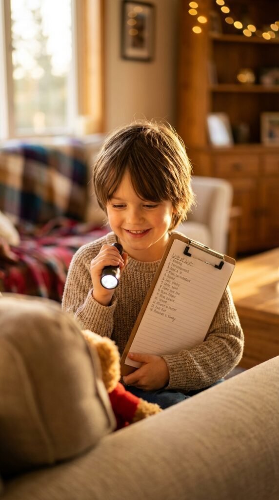 A child doing A child doing A child doing A child doing A child doing A child searching for items indoors during a scavenger hunt, at home with a calm, focused