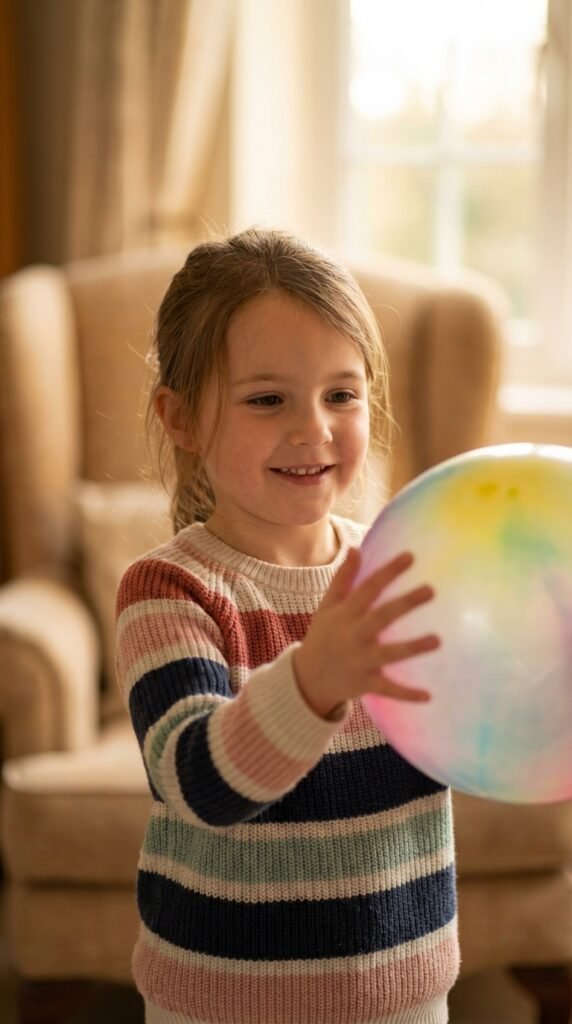 A child doing A child doing A child doing A child doing A child doing A child playing balloon volleyball indoors, at home with a calm, focused expression, for e