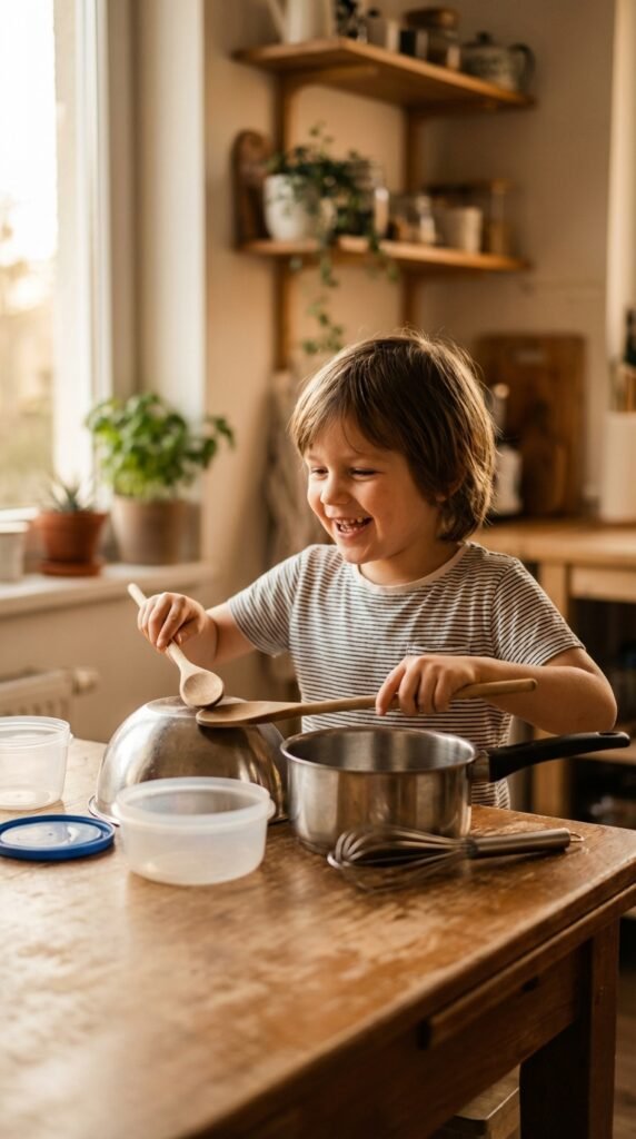 A child doing A child doing A child doing A child doing A child doing A child playing with kitchen pots and pans, at home with a calm, focused expression, for e