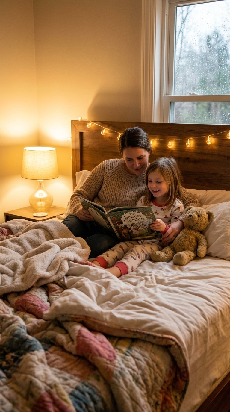 7-year-old child enjoying screen free bedtime routine for kids at home in a calm everyday family setting