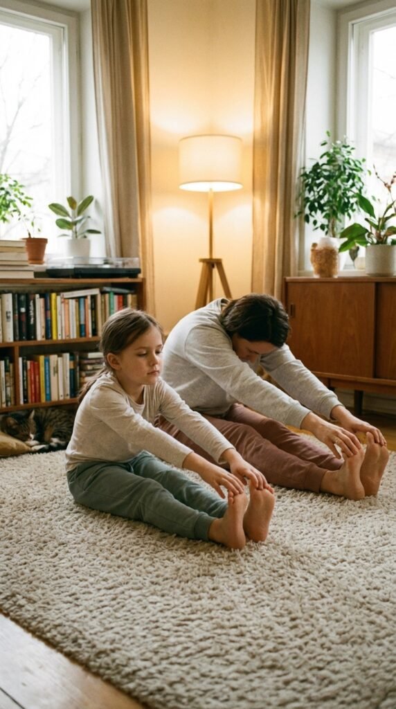 7-year-old child doing a gentle stretching routine in a calm home setting related to screen free bedtime routine for kids