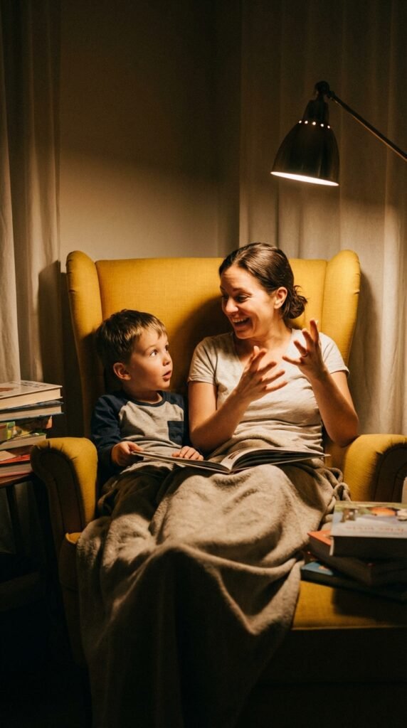 7-year-old child doing create a bedtime story adventure in a calm home setting related to screen free bedtime routine for kids