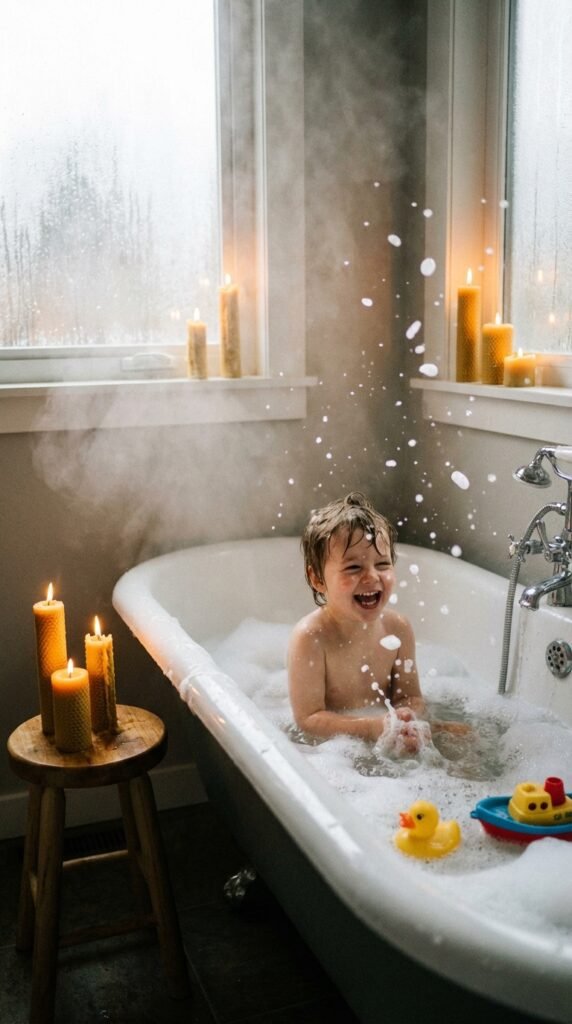 7-year-old child doing a calming bath time in a calm home setting related to screen free bedtime routine for kids