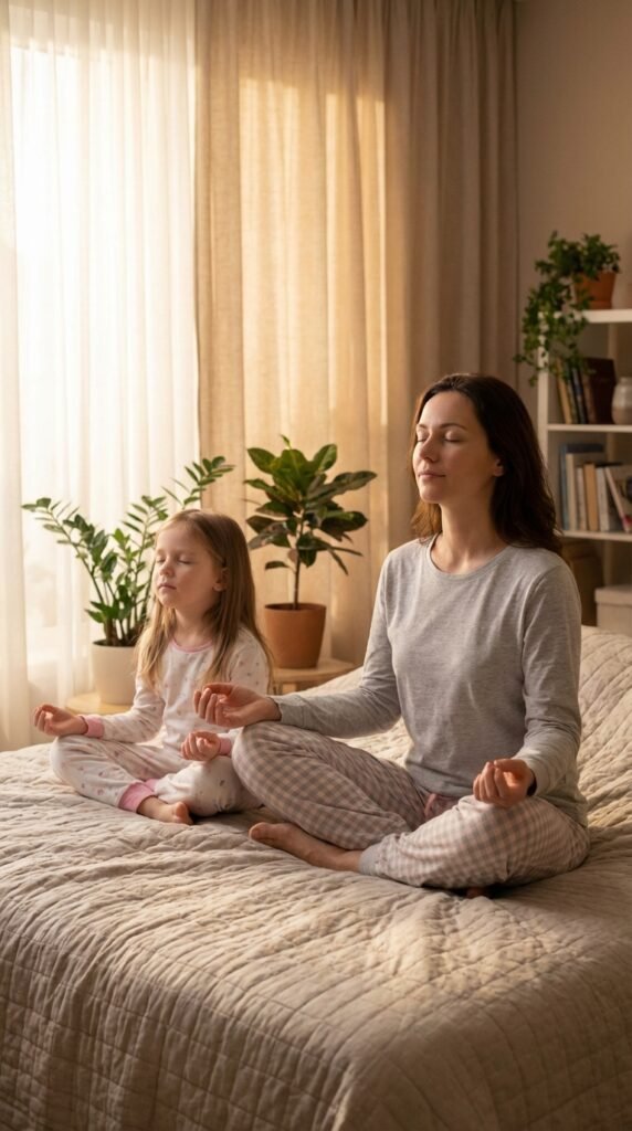 7-year-old child doing engage in guided breathing in a calm home setting related to screen free bedtime routine for kids