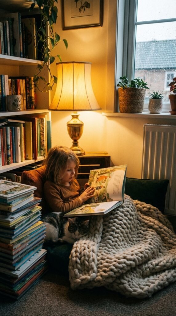 7-year-old child doing set up a cozy reading nook in a calm home setting related to screen free bedtime routine for kids