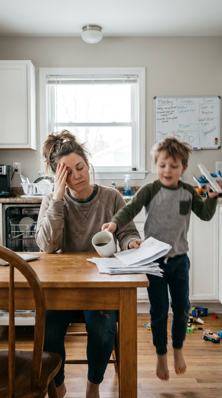 a parent and 7-year-old child in a calm, natural setting, illustrating motherhood and constant interruption