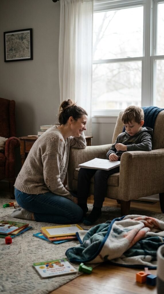 a parent and 7-year-old child during interrupted conversation over breakfast, related to motherhood and constant interruption
