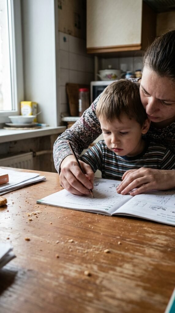 a parent and 7-year-old child during chores get interrupted, related to motherhood and constant interruption