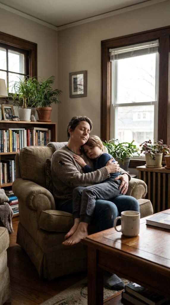 a parent and 7-year-old child during bedtime stories and last minute requests, related to motherhood and constant interruption