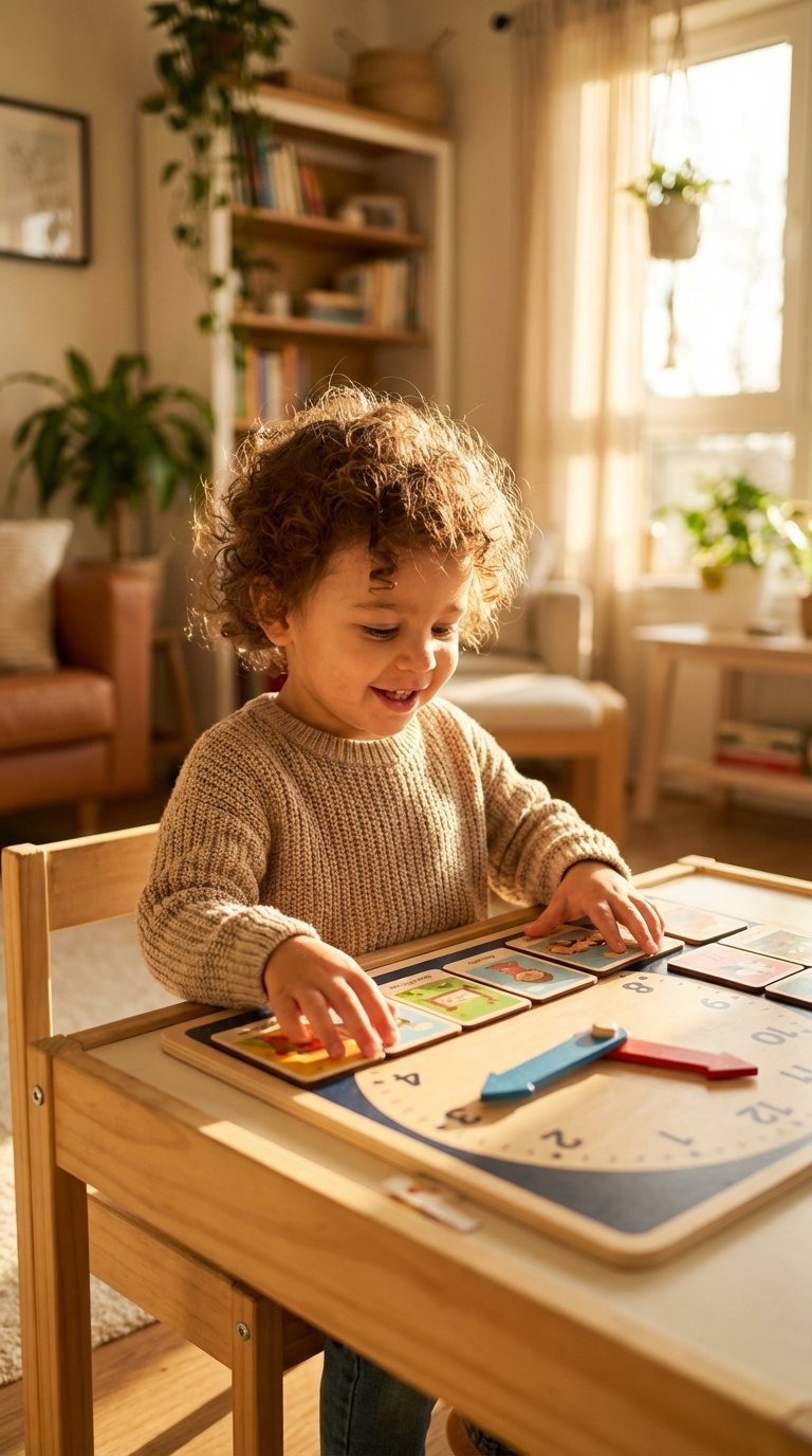 3-year-old toddler enjoying how to organise the time for toddlers at home in a calm everyday family setting