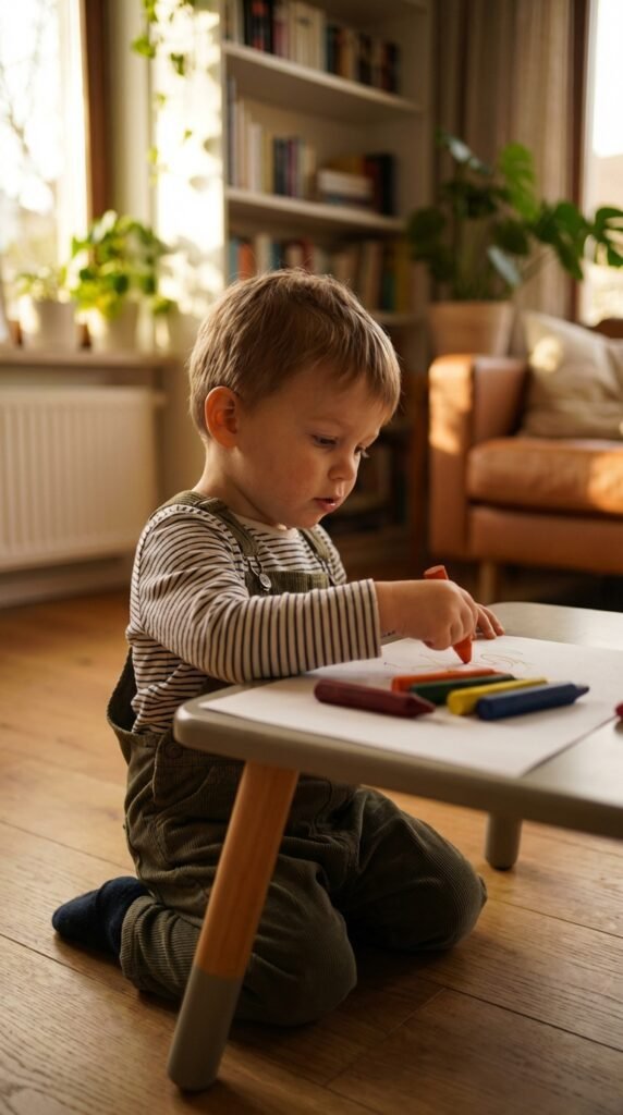 3-year-old toddler doing a simple activity in a calm home setting related to how to organise the time for toddlers
