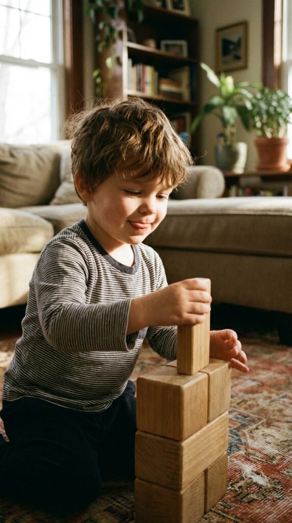 3-year-old toddler doing a simple activity in a calm home setting related to how to organise the time for toddlers