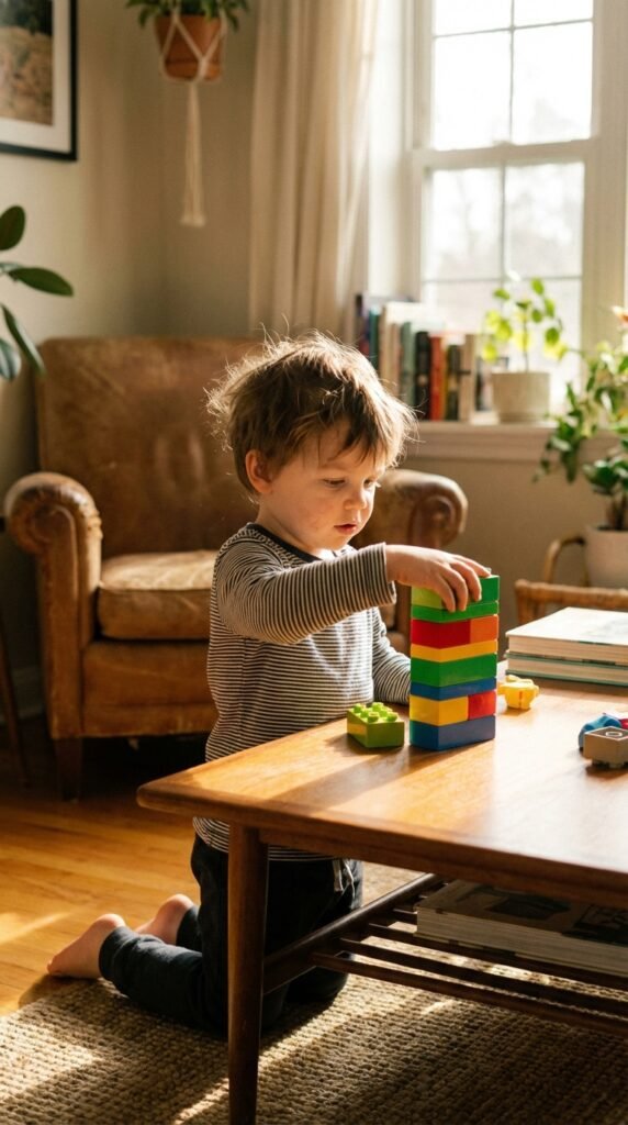3-year-old toddler doing a simple activity in a calm home setting related to how to organise the time for toddlers