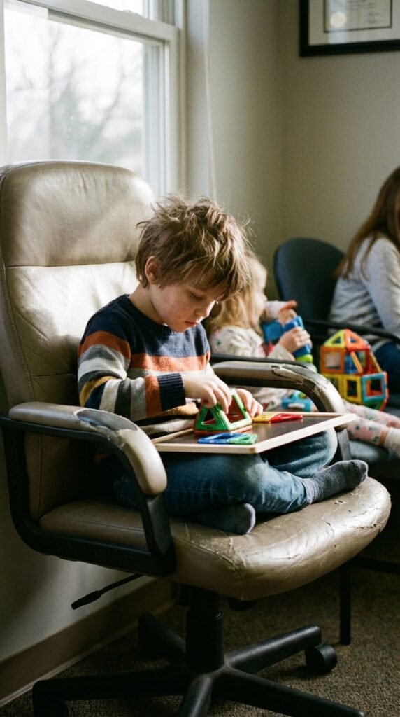 7-year-old child doing a simple activity in a calm home setting related to portable quiet activities for kids
