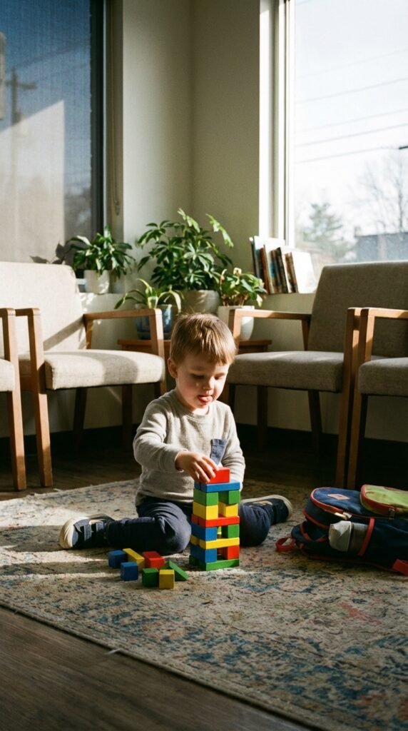 7-year-old child doing a simple activity in a calm home setting related to portable quiet activities for kids