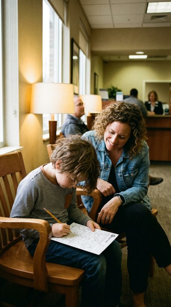 7-year-old child doing if your child is tired of waiting at the bank in a calm home setting related to portable quiet activities for kids