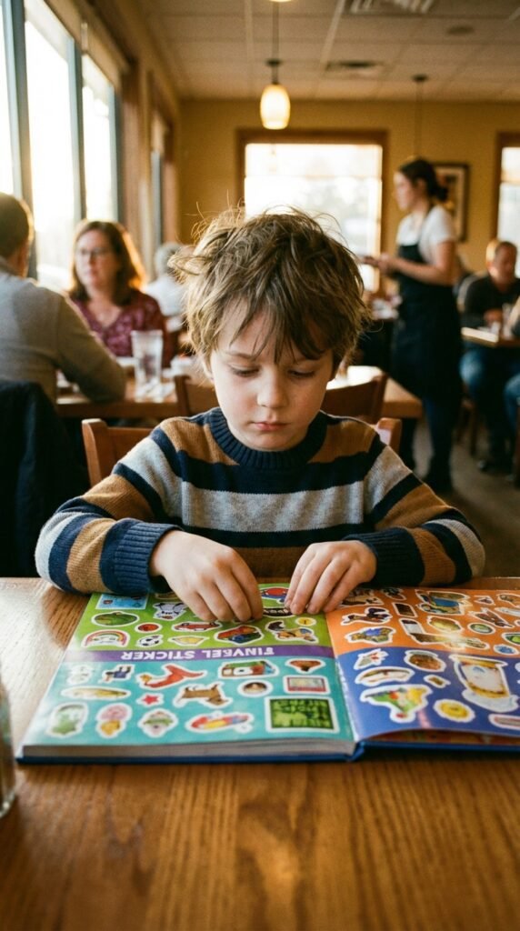 7-year-old child doing a simple activity in a calm home setting related to portable quiet activities for kids