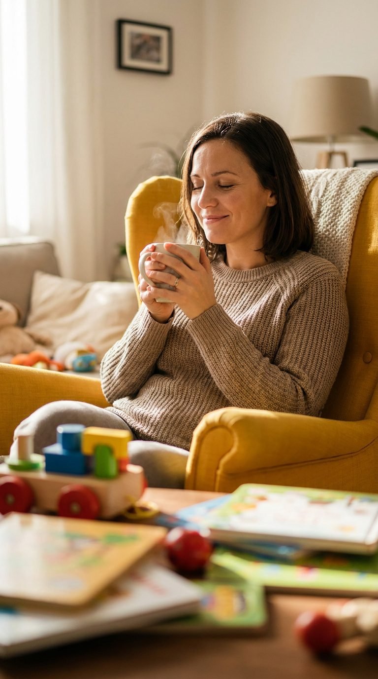 Featured hero image for article: “5 Simple Self-Care Rituals for Moms to Reclaim Calm When Overwhelmed. Main keyword: moms self care when overwhelmed. Create a high-quality blog featured image, visually strong, emotionally relevant, no text overlay. Style: