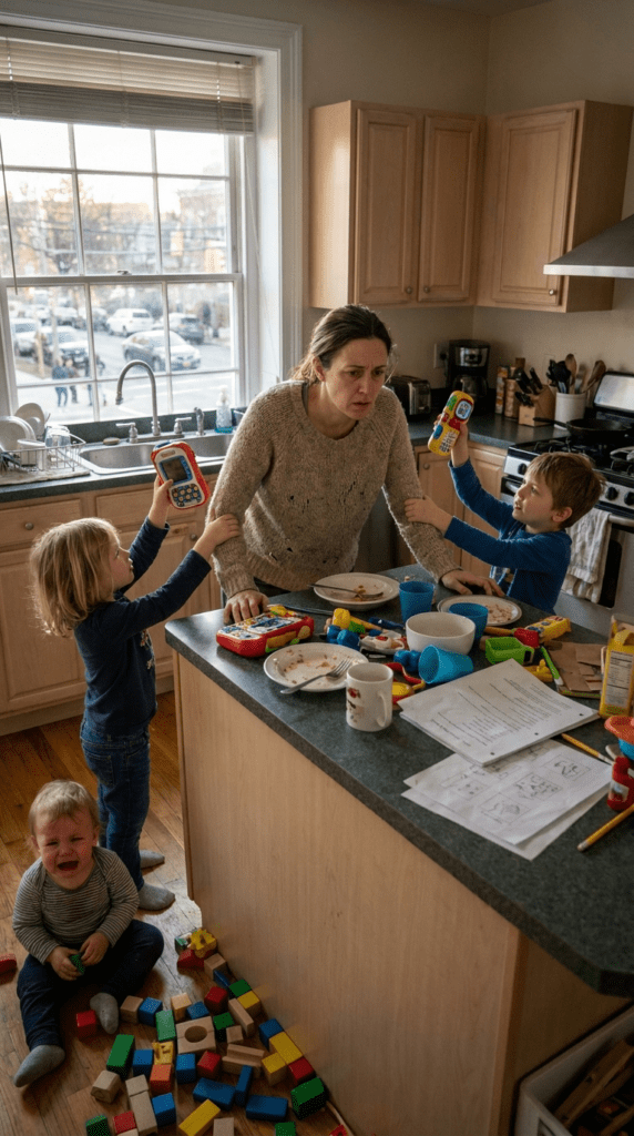 Create a premium editorial hero image. Article title: ""5 Simple Self-Care Rituals for Moms to Reclaim Calm When Overwhelmed". Main subject: "moms self care when overwhelmed". Section focus: "Hero image". Slot: 1. Visual style: clean lifestyle photography. Scene goal: show an emotionally honest family moment with visible sensory overload but no melodrama. Show a mother trying to keep functioning while children still need things from her in the kitchen, living room, car, bedtime routine, school run, grocery store, or another noisy family setting. Exact moment: show the article promise in one believable real-life scene. Time cue: late afternoon or another believable high-friction family moment. Make the body language believable: visible tension in jaw, shoulders, hands, posture, or facial expression where appropriate. Include one visible cue tied to the section: too many voices, touches, messes, and interruptions landing at once. Camera framing: editorial wide shot with one dominant subject, believable depth, and room for natural framing. Mood: intimate, sensory, emotionally honest, premium editorial, not melodramatic. Composition: one focal point, natural light, realistic clutter level, believable child age or family role, and clear separation between the main subject and the background. Avoid smiling stock-photo energy, glamour styling, fake perfection, random props, wrong child age, or scenes that soften the section so much that the emotional truth disappears. Keep proportions realistic, preserve believable anatomy, use natural light or believable interior lighting, keep the focal point obvious, and avoid text overlays, collage layouts, split screens, extra limbs, duplicated people, distorted hands, floating objects, or scenes that do not match the section title.