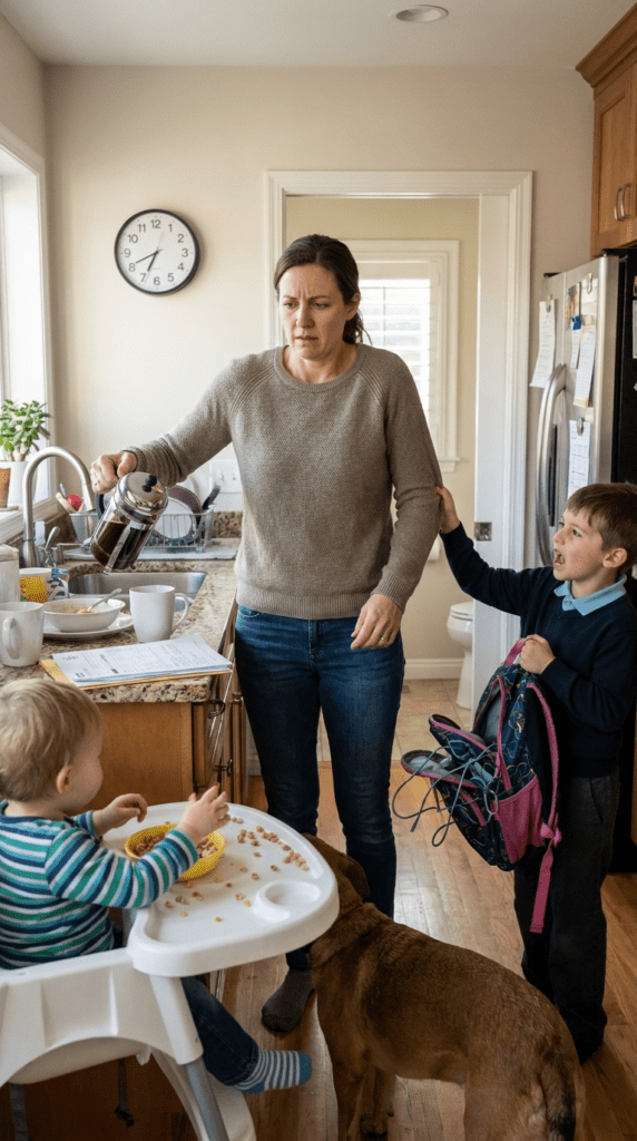 Create a premium section image. Article title: ""5 Simple Self-Care Rituals for Moms to Reclaim Calm When Overwhelmed". Main subject: "moms self care when overwhelmed". Section focus: "Finding Five Minutes of Peace in a Chaotic Morning Routine". Slot: 2. Visual style: clean lifestyle photography. Scene goal: show an emotionally honest family moment with visible sensory overload but no melodrama. Show a mother trying to keep functioning while children still need things from her in the kitchen, living room, car, bedtime routine, school run, grocery store, or another noisy family setting. Exact moment: Show a mother trying to keep functioning while children still need things from her in the kitchen, living room, car, bedtime routine, school run, grocery store, or another noisy family setting during the exact moment described by the section title "Finding Five Minutes of Peace in a Chaotic Morning Routine", with the action clearly visible and no unrelated props.. Time cue: the exact stressful or tender beat described by the section. Make the body language believable: visible tension in jaw, shoulders, hands, posture, or facial expression where appropriate. Include one visible cue tied to the section: too many voices, touches, messes, and interruptions landing at once. Camera framing: documentary-style medium shot or close medium shot focused on one action and one clear subject. Mood: intimate, sensory, emotionally honest, premium editorial, not melodramatic. Composition: one focal point, natural light, realistic clutter level, believable child age or family role, and clear separation between the main subject and the background. Avoid smiling stock-photo energy, glamour styling, fake perfection, random props, wrong child age, or scenes that soften the section so much that the emotional truth disappears. Keep proportions realistic, preserve believable anatomy, use natural light or believable interior lighting, keep the focal point obvious, and avoid text overlays, collage layouts, split screens, extra limbs, duplicated people, distorted hands, floating objects, or scenes that do not match the section title.