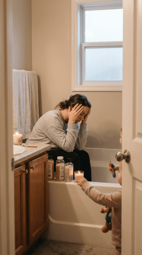Create a premium section image. Article title: ""5 Simple Self-Care Rituals for Moms to Reclaim Calm When Overwhelmed". Main subject: "moms self care when overwhelmed". Section focus: "Transforming Your Bathroom into a Sanctuary for Self-Care". Slot: 3. Visual style: clean lifestyle photography. Scene goal: show an emotionally honest family moment with visible sensory overload but no melodrama. Show a mother trying to keep functioning while children still need things from her in the kitchen, living room, car, bedtime routine, school run, grocery store, or another noisy family setting. Exact moment: Show a mother trying to keep functioning while children still need things from her in the kitchen, living room, car, bedtime routine, school run, grocery store, or another noisy family setting during the exact moment described by the section title "Transforming Your Bathroom into a Sanctuary for Self-Care", with the action clearly visible and no unrelated props.. Time cue: the exact stressful or tender beat described by the section. Make the body language believable: visible tension in jaw, shoulders, hands, posture, or facial expression where appropriate. Include one visible cue tied to the section: too many voices, touches, messes, and interruptions landing at once. Camera framing: documentary-style medium shot or close medium shot focused on one action and one clear subject. Mood: intimate, sensory, emotionally honest, premium editorial, not melodramatic. Composition: one focal point, natural light, realistic clutter level, believable child age or family role, and clear separation between the main subject and the background. Avoid smiling stock-photo energy, glamour styling, fake perfection, random props, wrong child age, or scenes that soften the section so much that the emotional truth disappears. Keep proportions realistic, preserve believable anatomy, use natural light or believable interior lighting, keep the focal point obvious, and avoid text overlays, collage layouts, split screens, extra limbs, duplicated people, distorted hands, floating objects, or scenes that do not match the section title.