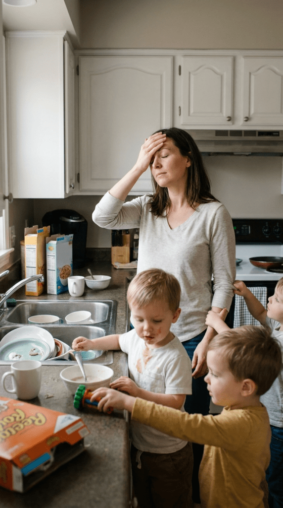 Create a premium section image. Article title: ""5 Simple Self-Care Rituals for Moms to Reclaim Calm When Overwhelmed". Main subject: "moms self care when overwhelmed". Section focus: "Making Time for a Mindful Moment Amidst the Noise of Family Life". Slot: 4. Visual style: clean lifestyle photography. Scene goal: show an emotionally honest family moment with visible sensory overload but no melodrama. Show a mother trying to keep functioning while children still need things from her in the kitchen, living room, car, bedtime routine, school run, grocery store, or another noisy family setting. Exact moment: Show adult in a way that reads correctly for the age stage. Show a mother trying to keep functioning while children still need things from her in the kitchen, living room, car, bedtime routine, school run, grocery store, or another noisy family setting during the exact moment described by the section title "Making Time for a Mindful Moment Amidst the Noise of Family Life", with the action clearly visible and no unrelated props.. Time cue: the exact stressful or tender beat described by the section. Make the body language believable: visible tension in jaw, shoulders, hands, posture, or facial expression where appropriate. Include one visible cue tied to the section: too many voices, touches, messes, and interruptions landing at once. Camera framing: documentary-style medium shot or close medium shot focused on one action and one clear subject. Mood: intimate, sensory, emotionally honest, premium editorial, not melodramatic. Composition: one focal point, natural light, realistic clutter level, believable child age or family role, and clear separation between the main subject and the background. Avoid smiling stock-photo energy, glamour styling, fake perfection, random props, wrong child age, or scenes that soften the section so much that the emotional truth disappears. Keep proportions realistic, preserve believable anatomy, use natural light or believable interior lighting, keep the focal point obvious, and avoid text overlays, collage layouts, split screens, extra limbs, duplicated people, distorted hands, floating objects, or scenes that do not match the section title. Age stage to show: adult.