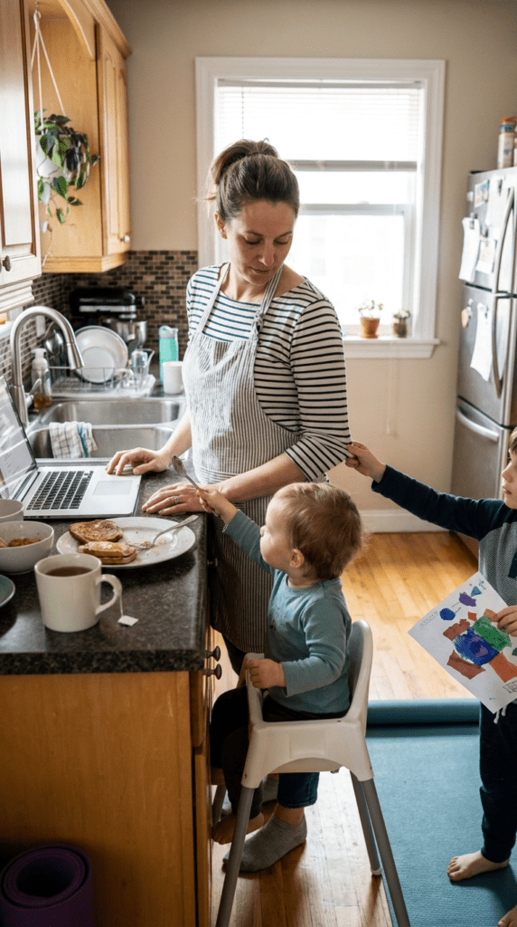 Create a premium section image. Article title: ""5 Simple Self-Care Rituals for Moms to Reclaim Calm When Overwhelmed". Main subject: "moms self care when overwhelmed". Section focus: "Incorporating Family into Your Self-Care: Bonding Activities that Recharge You". Slot: 5. Visual style: clean lifestyle photography. Scene goal: show an emotionally honest family moment with visible sensory overload but no melodrama. Show a mother trying to keep functioning while children still need things from her in the kitchen, living room, car, bedtime routine, school run, grocery store, or another noisy family setting. Exact moment: Show a mother trying to keep functioning while children still need things from her in the kitchen, living room, car, bedtime routine, school run, grocery store, or another noisy family setting during the exact moment described by the section title "Incorporating Family into Your Self-Care: Bonding Activities that Recharge You", with the action clearly visible and no unrelated props.. Time cue: the exact stressful or tender beat described by the section. Make the body language believable: visible tension in jaw, shoulders, hands, posture, or facial expression where appropriate. Include one visible cue tied to the section: too many voices, touches, messes, and interruptions landing at once. Camera framing: documentary-style medium shot or close medium shot focused on one action and one clear subject. Mood: intimate, sensory, emotionally honest, premium editorial, not melodramatic. Composition: one focal point, natural light, realistic clutter level, believable child age or family role, and clear separation between the main subject and the background. Avoid smiling stock-photo energy, glamour styling, fake perfection, random props, wrong child age, or scenes that soften the section so much that the emotional truth disappears. Keep proportions realistic, preserve believable anatomy, use natural light or believable interior lighting, keep the focal point obvious, and avoid text overlays, collage layouts, split screens, extra limbs, duplicated people, distorted hands, floating objects, or scenes that do not match the section title.