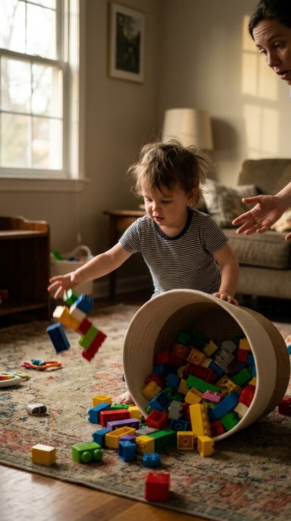 3-year-old child doing a simple activity in a calm home setting related to three year old tantrums