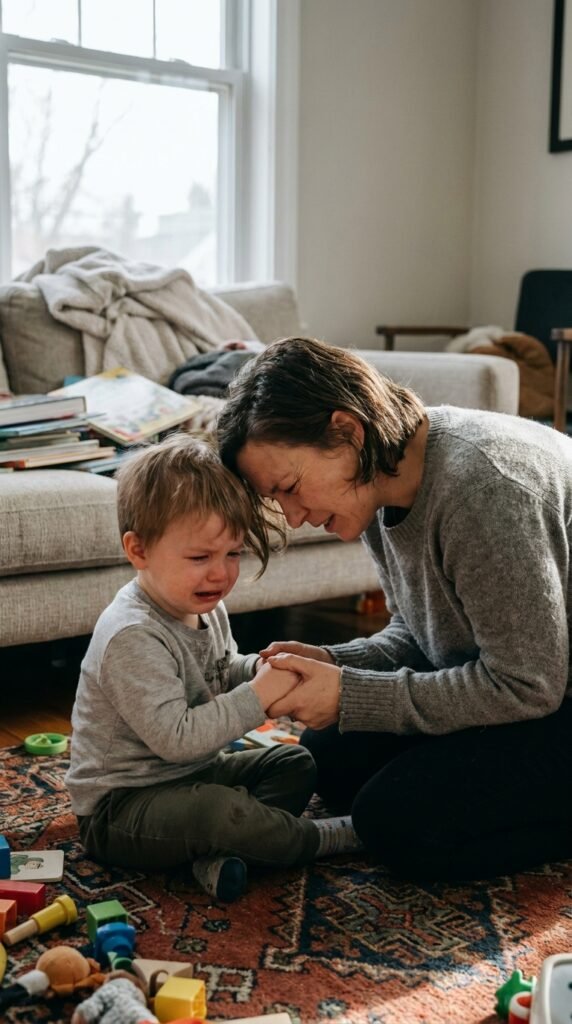 3-year-old child doing a simple activity in a calm home setting related to three year old tantrums