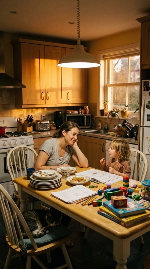 7-year-old child doing understanding the overwhelm in a calm home setting related to why moms feel touched out