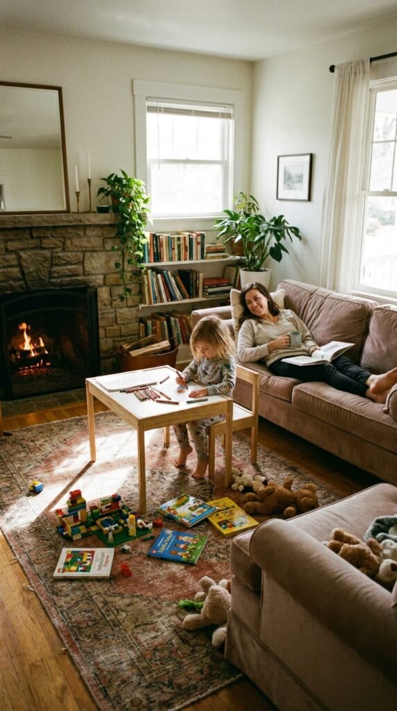 7-year-old child doing a simple activity in a calm home setting related to why moms feel touched out