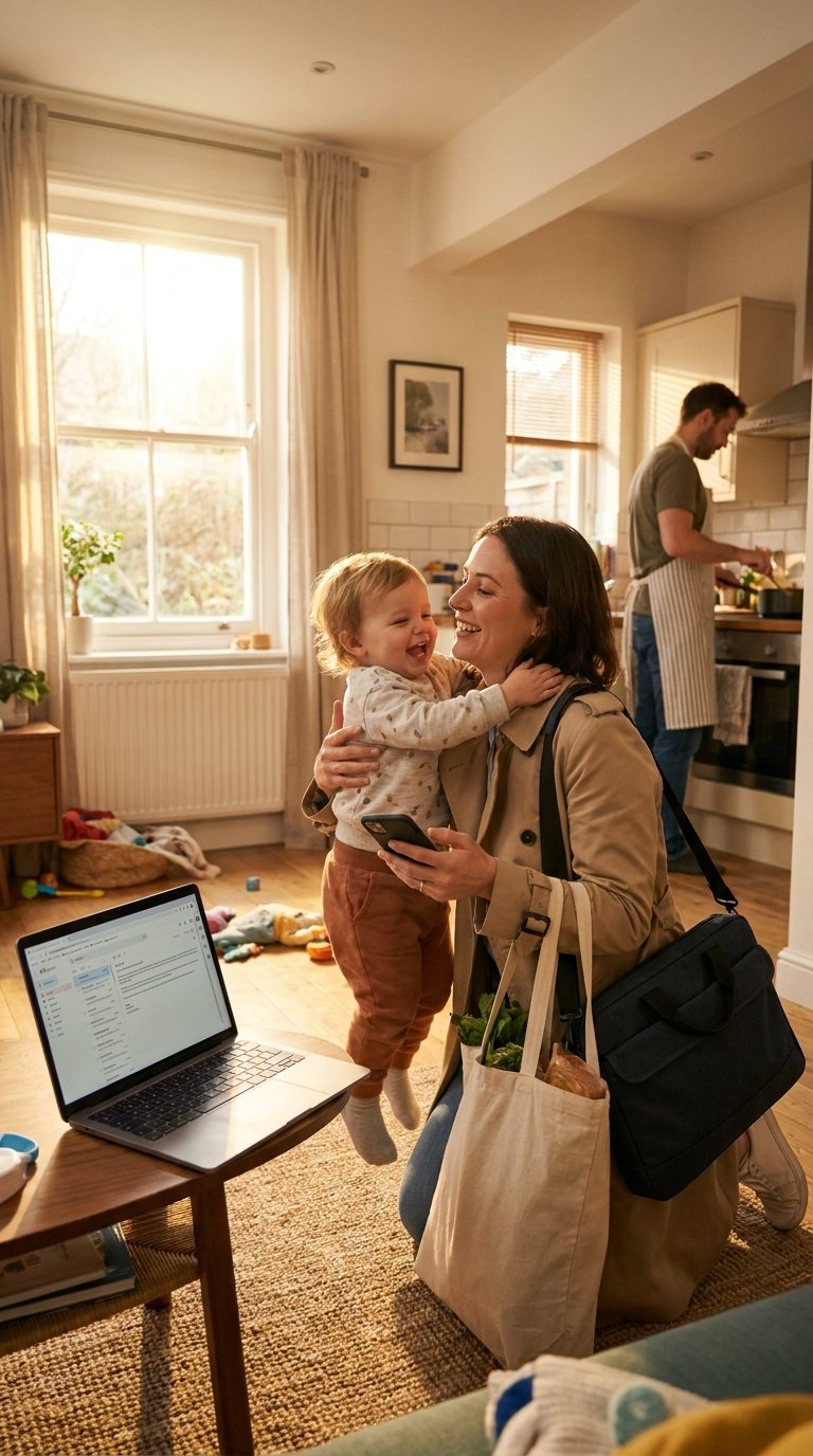 7-year-old child enjoying working mom overstimulation at home in a calm everyday family setting