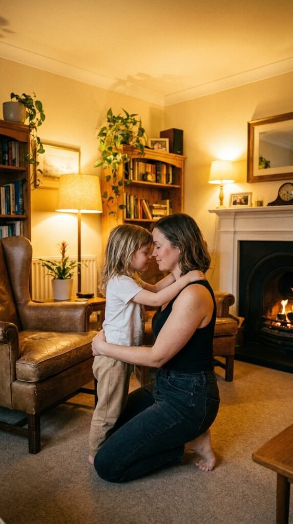 7-year-old child doing finding quiet in the noise in a calm home setting related to working mom overstimulation