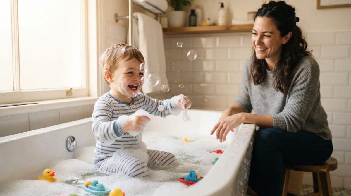 Toddler enjoying a relaxing bath before bed