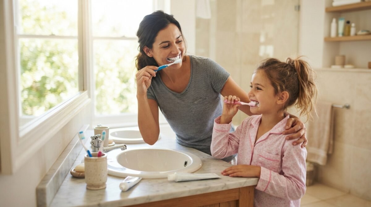 Parent and child brushing teeth together – a simple bedtime routine for kids