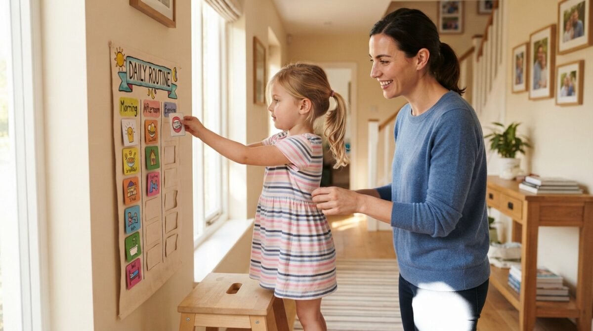 Child using a visual chart to follow an evening routine
