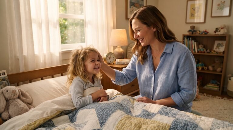 Parent gently waking a child in a sunlit bedroom during daylight saving time kids adjustment