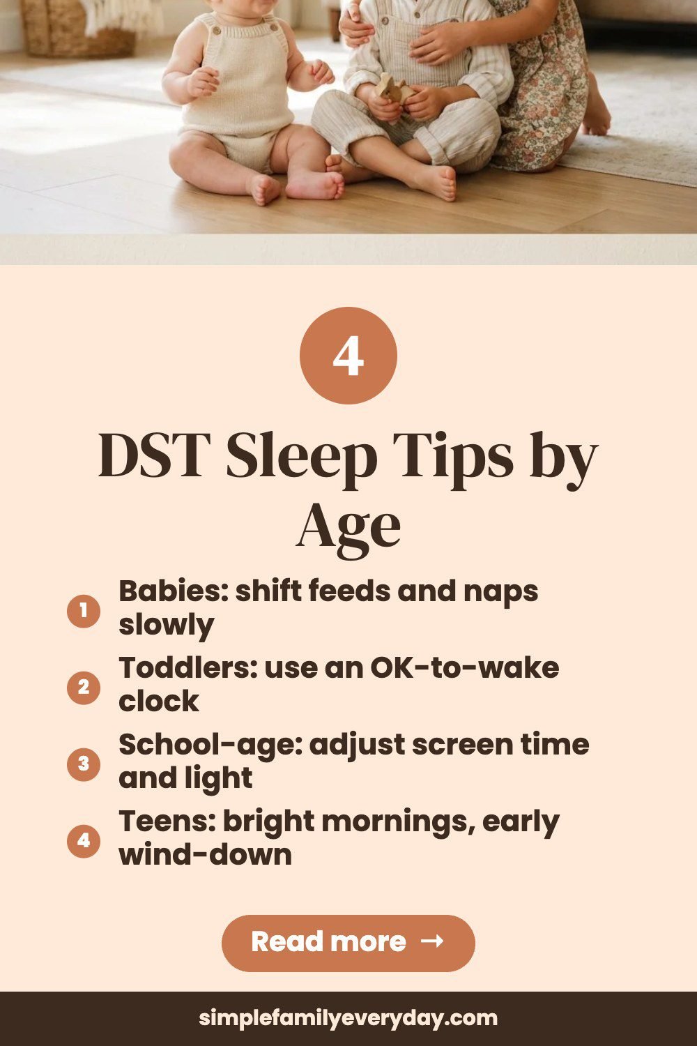Baby, toddler and school-age child together in a bright living room